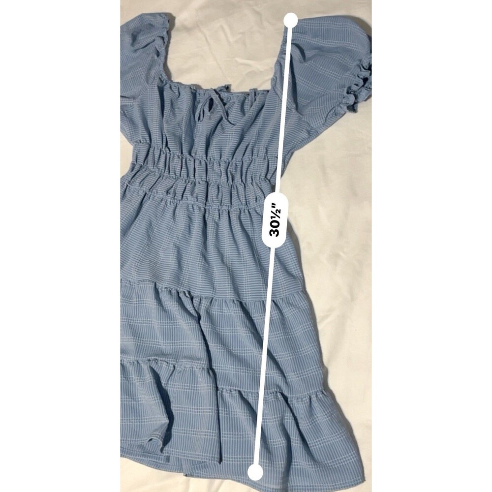 Blue Gingham Smocked Babydoll Dress Puff Sleeve Tiered Cottagecore Size L - Picture 6 of 6